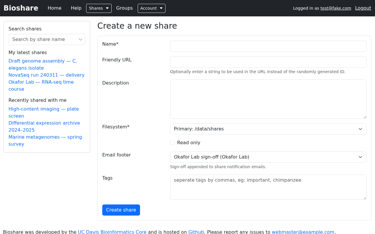The create share form